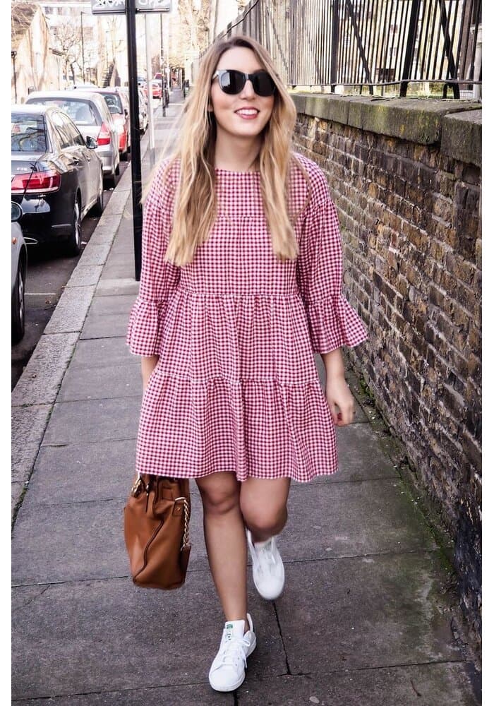 Trendy Gingham Check Gathered Dress
